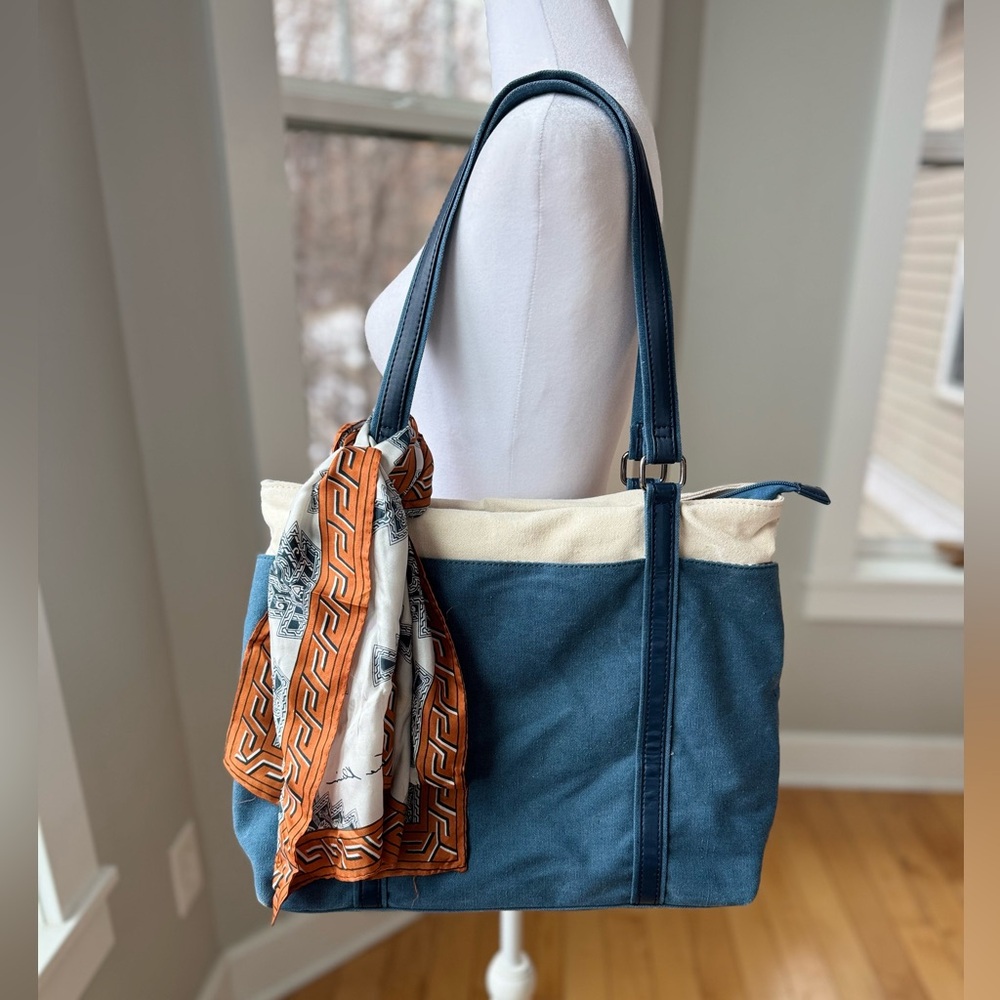 Vintage Navy Tan Striped Tote Bag w Anne Klein Scarf Tie